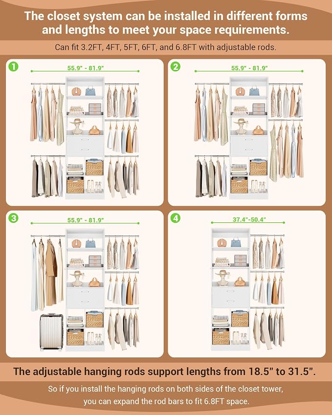 Besiost Small Closet System 3.2-6.8FT Closet Organizer with Wooden Drawers | Built-in Closet Organizer System with 5 Hanging Rods, Can Fit 37.5 to 81.9 inch Walk-in Closet System