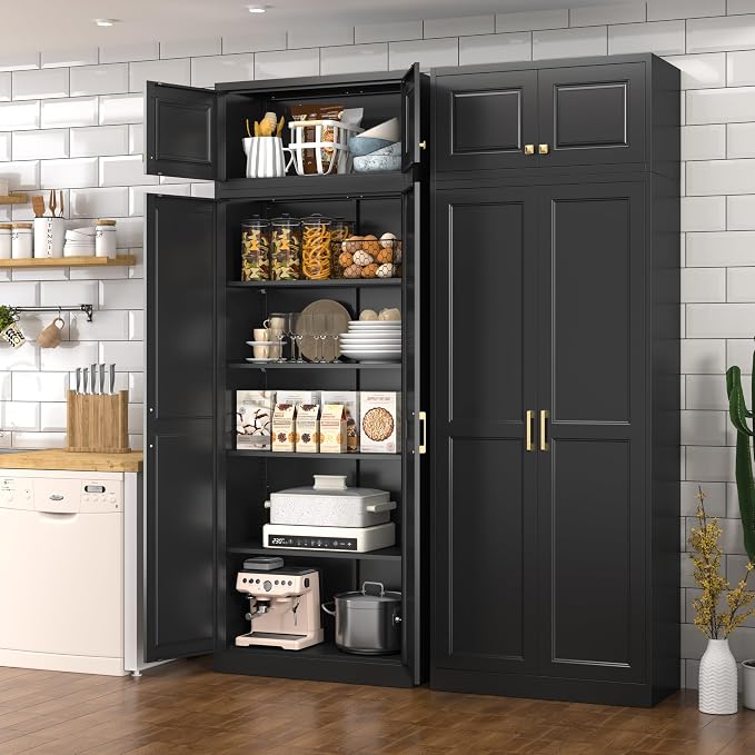 Polup 86" Tall Metal Kitchen Pantry Storage Cabinet with Doors and Shelves | Heavy-Duty Black Cabinet, 4 Adjustable Shelving, Gold Handles, Magnetic Latch, for Dining Living Room, Bathroom & Garage