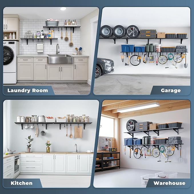 Jusgym 2 Pack Heavy Duty Garage Wall Shelving with 8 Hooks, 1x4ft, 500lbs | Garage Shelving Wall Mounted, 5-Bar Square Tube, Metal Floating Shelves, Industrial Storage Rack for Bins, Tools, Bikes