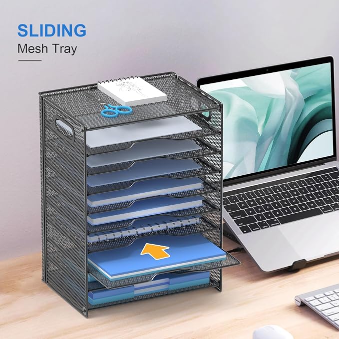 OUTWOLF 10 Tier Paper Organizer - Letter Tray Mesh Desk File Organizer with Handles for Office School Desktop, Black 2 Pack