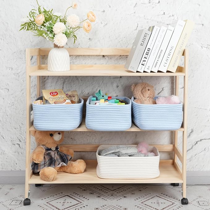 XUANGUO Small Woven Storage Baskets for Shelves, 13" x 9" x 5", Blue | Decorative rope storage bins for closets and toy storage; cute organizer baskets, empty gift baskets and nursery storage.