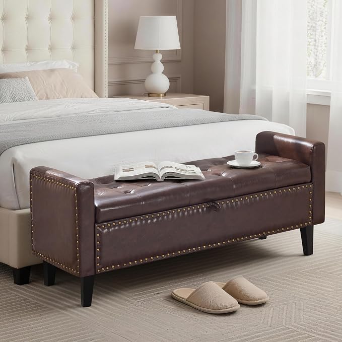 47'' Leather Storage Ottoman Bench, End of Bed Storage Bench with Wooden Legs, Upholstered Tufted Ottoman with Storage for Bedroom, Living Room, Entryway, Dark Brown
