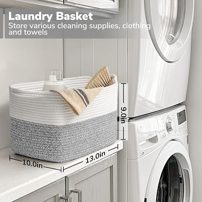 Goodpick Cotton Rope Small Laundry Basket, 13" x 10" x 9", Gray & White | Decorative Storage Basket for Clothes, Towels & Shoes, Closet & Shelf Organization, Reinforced Woven Handles