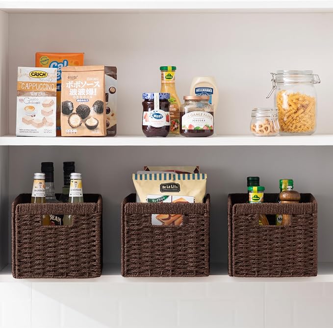 joybest Dark Brown Wicker Baskets for Shelves, Hand-woven Storage Baskets | 13.4L x 8.3W x 7.1H inch for Pantry, Kichen Organizing, Foldable Rectangular Bin with Handles, 4-pack