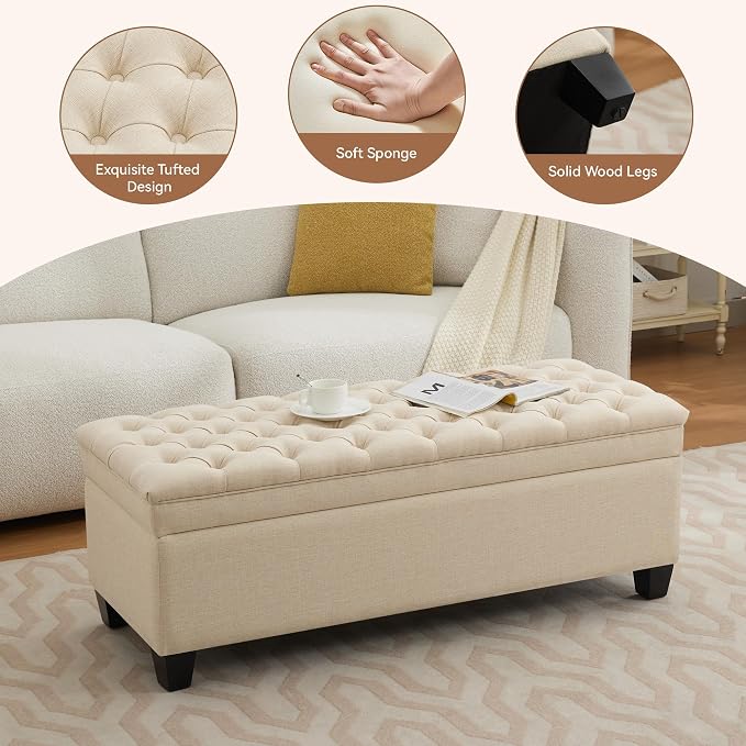 WUTUTUEE 51" Fabric Storage Ottoman Bench, Upholstered Rectangle End of Bed Storage Ottoman Tufted Living Room Bedroom Bench with Safety Hinge, Solid Wood Legs, Loads 500 lb(Khaki)