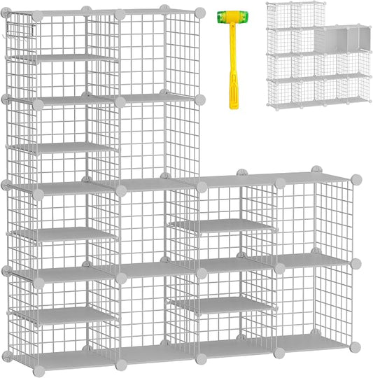 Wire Cube Storage Organizer, 12 Cubes Converted into 14 Cubes, Sturdy Metal Grids Storage Shelf Closet Shelving Units and Storage, Shelves for Bedroom LIvingroom Office