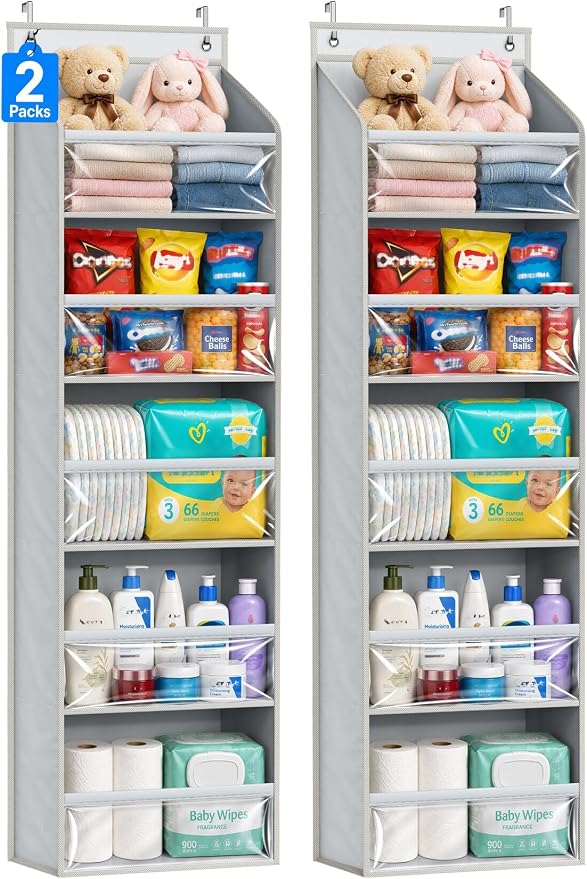 AOODA 2 Pack Over the Door Organizer, Large Capacity Closet Door Hanging Organizer, Clear Deep Pockets Baby Organizer Storage for Nursery, Bathroom, Bedroom, Pantry, Diapers (Grey)
