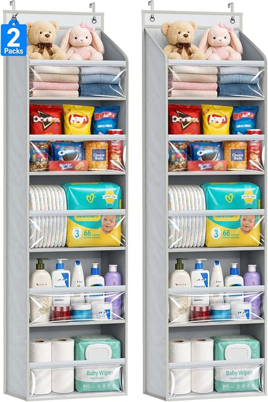 AOODA 2 Pack Over the Door Organizer, Large Capacity Closet Door Hanging Organizer, Clear Deep Pockets Baby Organizer Storage for Nursery, Bathroom, Bedroom, Pantry, Diapers (Grey)