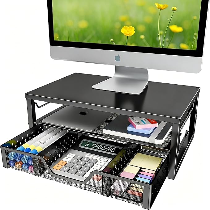 Simple Trending 2-Tier Monitor Stand Riser, Laptop & Printer Stand, Black | Metal Desk Organizer with Drawer, Desktop Organizer, Ergonomic Design, for Home Office, 16.34"W x 10.35"D x 3.5"H