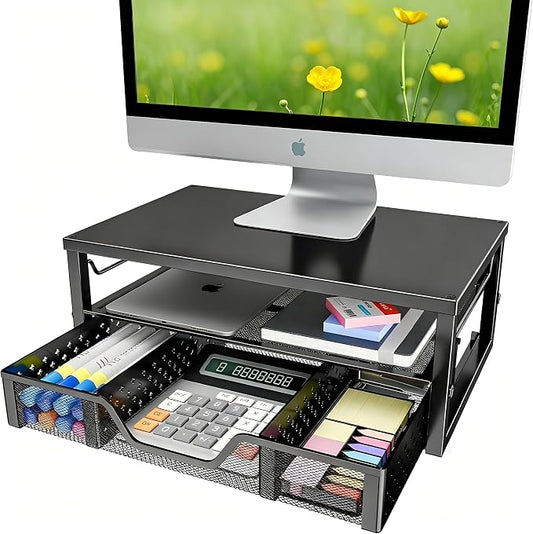 Simple Trending 2-Tier Monitor Stand Riser, Laptop & Printer Stand, Black | Metal Desk Organizer with Drawer, Desktop Organizer, Ergonomic Design, for Home Office, 16.34"W x 10.35"D x 3.5"H