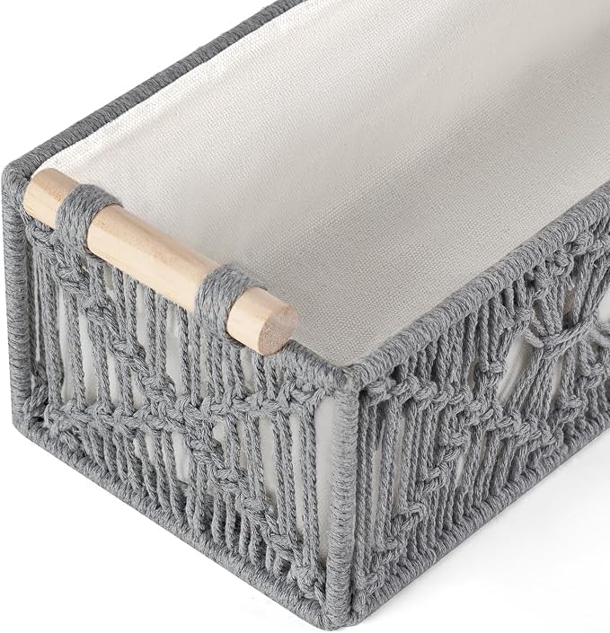 Mkono Macrame Storage Baskets Boho Decor Box Handmade Woven Decorative Countertop Toilet Tank Shelf Cabinet Organizer for Bedroom Livingroom Home, Set of 2, Grey | Small Baskets for Organizing, Hand-Woven, Bohemian Beach Coastal Decor, Shelf Vanity Cab...