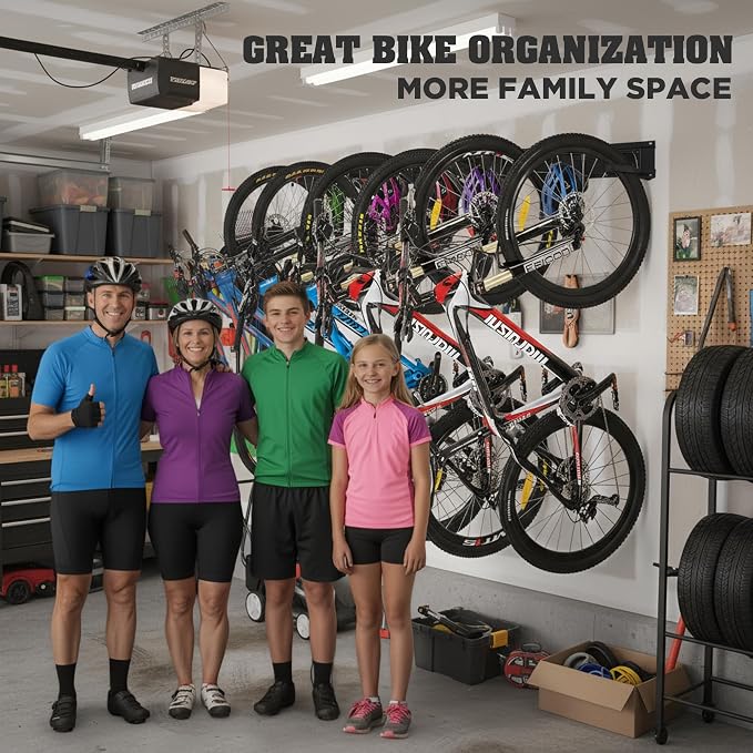 HORUSDY Stainless Steel Bike Storage Rack, 6 Bike Storage Hanger Wall Mount and 6 Helmets Hooks for Home & Garage Holds Up to 600lbs, Black