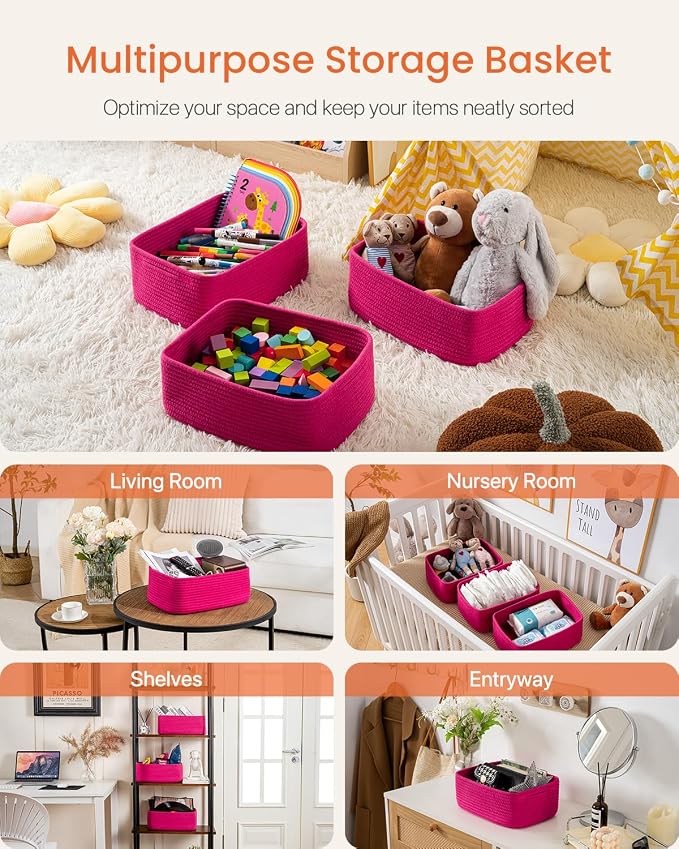 KALLAX Small Woven Storage Basket for Organizing, 13.5x9.5x5 inches, 3 Pack | Shelf baskets for closet organization, toy storage and home decor, Perfect as empty gift baskets for holidays, Hot Pink