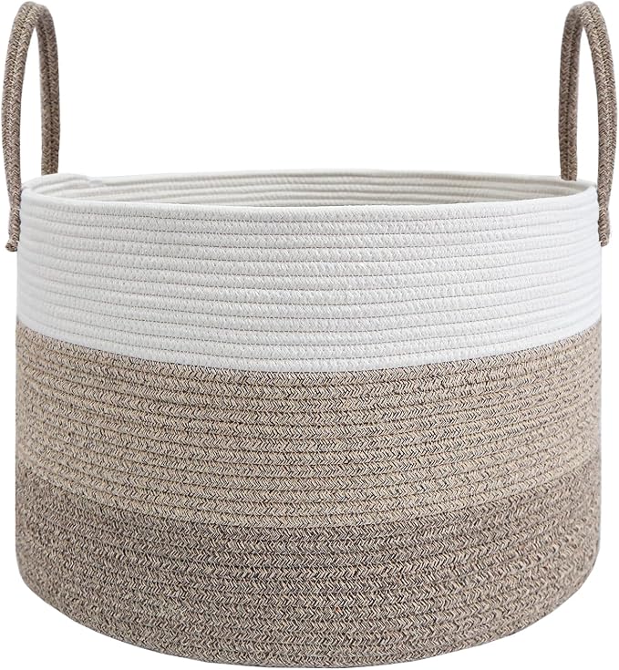 JMvicyroam 65L Extra Large Machine Washable Cotton Rope Blanket Basket | Collapsible laundry hamper, Reinforced handles, For blankets,pillows,toys and clothes, Living room and bedroom,White&BrownMix