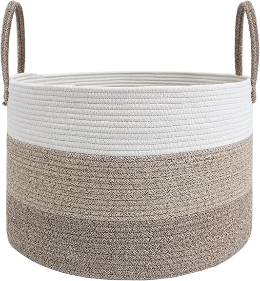 JMvicyroam 65L Extra Large Machine Washable Cotton Rope Blanket Basket | Collapsible laundry hamper, Reinforced handles, For blankets,pillows,toys and clothes, Living room and bedroom,White&BrownMix