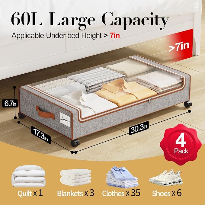 Yecaye Under Bed Storage with Wheels, 4 Pack Under the Bed Storage Containers with Lids & Label, XXL 60 L Rolling Underbed Storage Drawers for Clothes, Blankets, Shoes