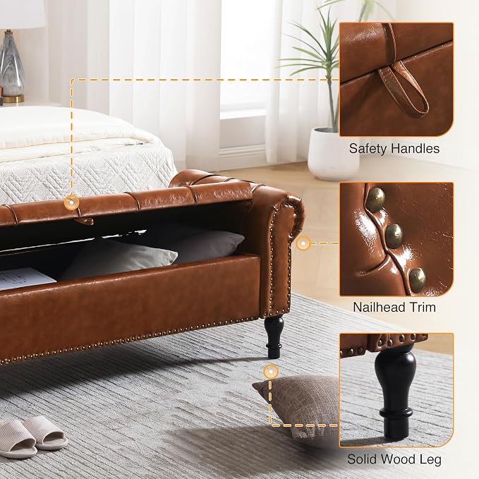 Storage Bed Bench for Bedroom, Faux Leather 67" End of Bed Benches, King Size Bench with Arm, Tufted Button Upholstered Ottoman Bench for Living Room, Entryway, Yellow Brown