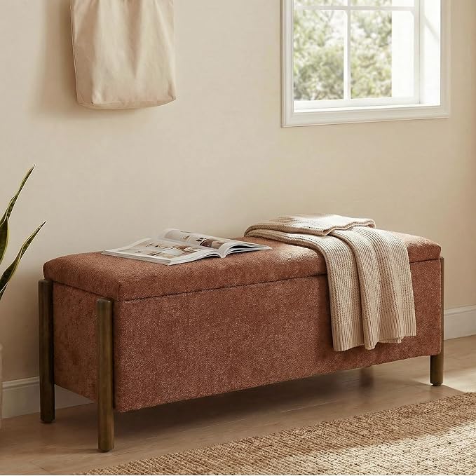 Usaint Wooden Storage Ottoman Bench, 47" Fabric Upholstered End of Storage Bench with Rubberwood Legs, Entryway Bench with Storage for Bedroom, Living Room, Reception, Cloakroom, Rusty Red