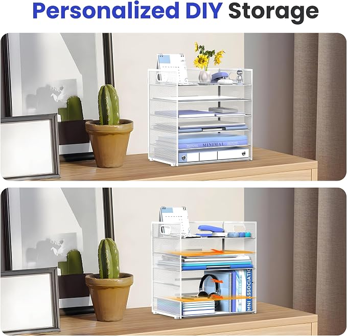 Daltack 6-Tier Paper Organizer for Desk with Handle, White | Sturdy Metal Mesh Organizer with Movable Middle Trays and a Carry Handle for Papers, Folders and Office Supplies