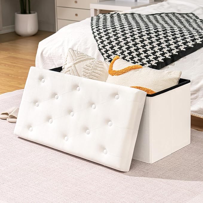 B FSOBEIIALEO Folding Storage Ottoman, Long Ottomans Shoes Bench, Velvet Storage Chest Footrest Seat 31.5"x15.7"x15.7" (White, Large)