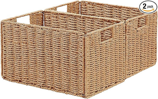 Vagusicc Wicker Storage Basket, Set of 2 Hand-Woven Paper Rope Wicker Basket, Small Storage Baskets for Organizing Toilet Paper Basket, Foldable Large Cube Storage Organizer Bins for Shelves (Natural)