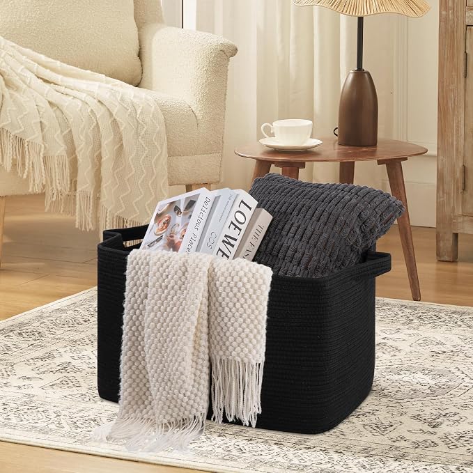 OIASKET 95L Extra Large Blanket Basket, 24" x 16.9" x 14.2" Woven Storage Basket for Living Room, Rectangle Nursery Blanket Storage for Toys, Towels, Dirty Clothes (Black)