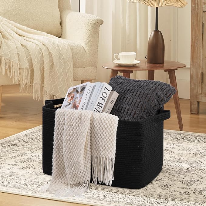 OIASKET 95L Large Blanket Basket, Black Blanket Storage Living Room, Rectangle Woven Baskets for Storage Toys, Towels, Dirty Clothes Organizer Bins (Black)