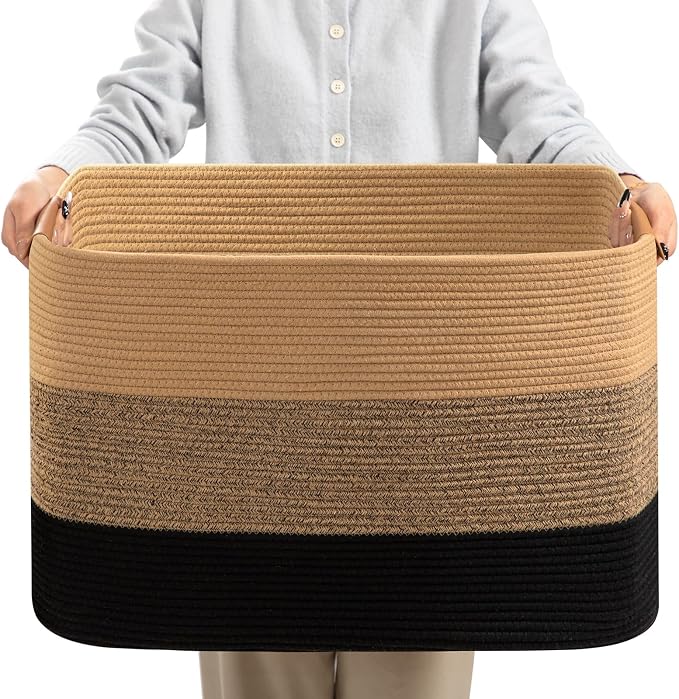 danpinera Large Blanket Basket for Living Room,72 L Rectangle Toy Storage Basket for Nursery Room, Woven Rope Storage Box with Leather Handle, 22’’*17’’*11.8’’, Gradient Linen
