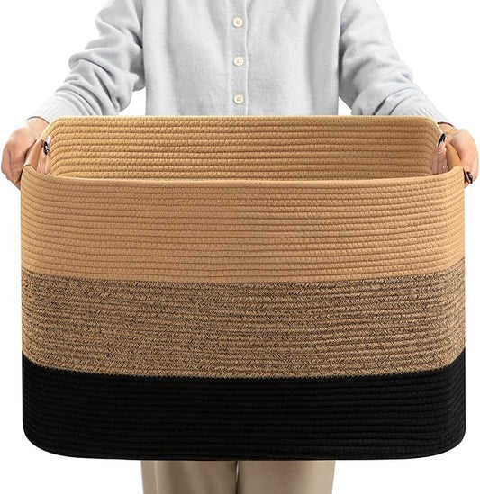 danpinera Large Blanket Basket for Living Room,72 L Rectangle Toy Storage Basket for Nursery Room, Woven Rope Storage Box with Leather Handle, 22’’*17’’*11.8’’, Gradient Linen