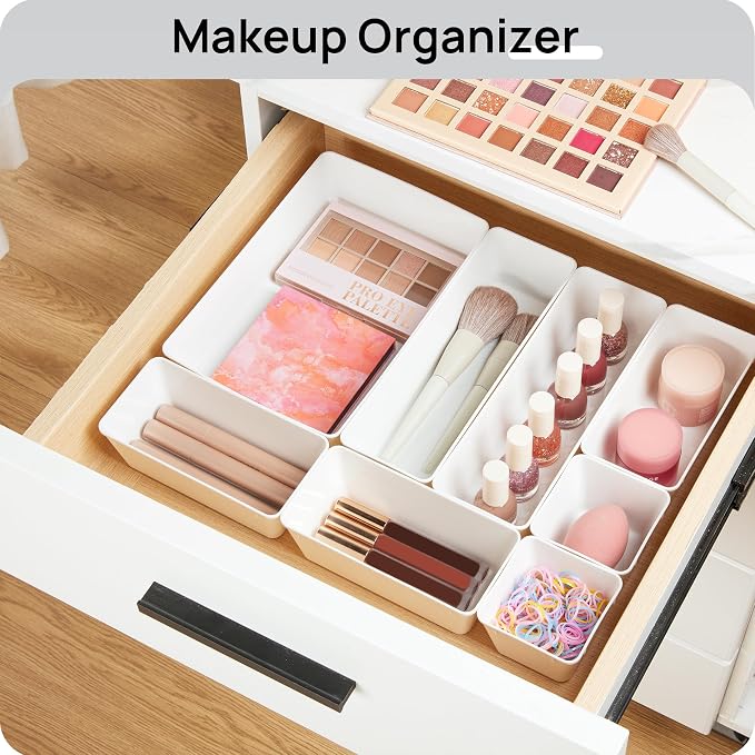 Vtopmart 44 PCS Plastic Drawer Organizer Set, Vanity Organizer Trays, White | 4-Size Versatile Makeup Organizer, Non-Slip Storage Containers for Makeup, Jewelries, Bedroom，Kitchen Utensils and Office