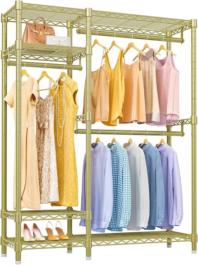 VIPEK V2 Heavy Duty Clothes Rack, Metal Closet Rack Organizer, Gold | Garment Racks with 4 Tiers Wire Shelving 3 Hanging Rods, Compact Freestanding Closet Metal Closet Rack, Max Load 700LBS