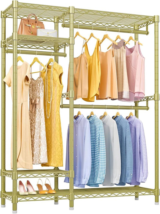 VIPEK V2 Heavy Duty Clothes Rack, Metal Closet Rack Organizer, Gold | Garment Racks with 4 Tiers Wire Shelving 3 Hanging Rods, Compact Freestanding Closet Metal Closet Rack, Max Load 700LBS