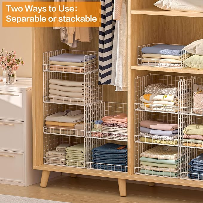 Yociyoga 4 Tier Stackable Closet Organizers and Storage Shelves, Foldable Closet Shelf Organizer System, Stackable Storage Bins Drawers for Clothes Organizer System, White（Patent No. 30022416）