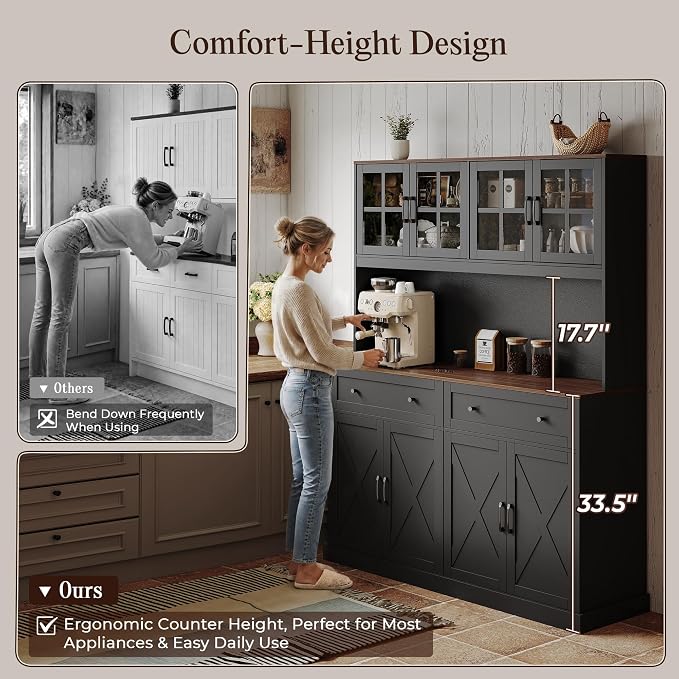 71''H x 55.1''W Pantry Cabinet with Charging Station, 4 Wide Cabinets Kitchen Pantry with 2 Drawers, Farmhouse Hutch Storage Cabinet, Tall Coffee Bar, Acrylic Door, Adjustable Shelves, Black