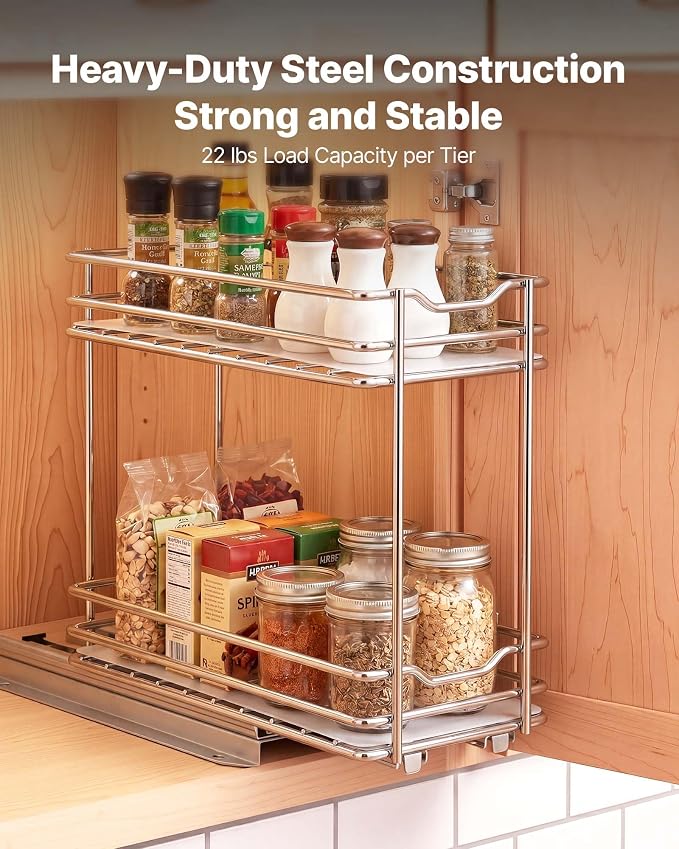 VEVOR Pull Out Spice Rack Organizer for Cabinet, 2 Tier Slide Out Spice Rack Organizer, Heavy Duty Metal Seasoning Kitchen Basket for Inside Cabinets & Pantry Closet, 4.33"W x 8.46"D x 10.43"H, Silver