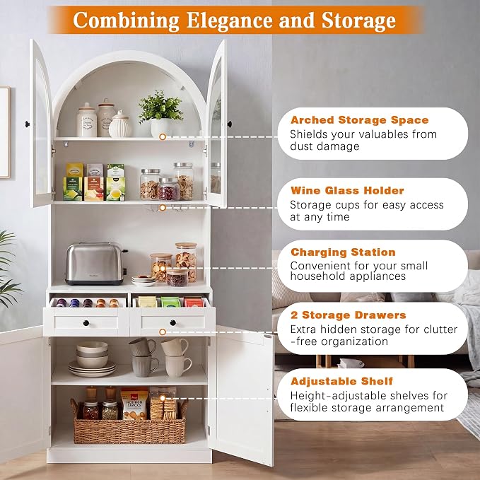 Merax 75" Tall Bookcase,Arched Pantry Cabinet with Adjustable Shelves | Farmhouse Bookshelf Coffee Bar with Charging Station Open Countertop for Office,Kitchen,Dining Room,Living Room,White