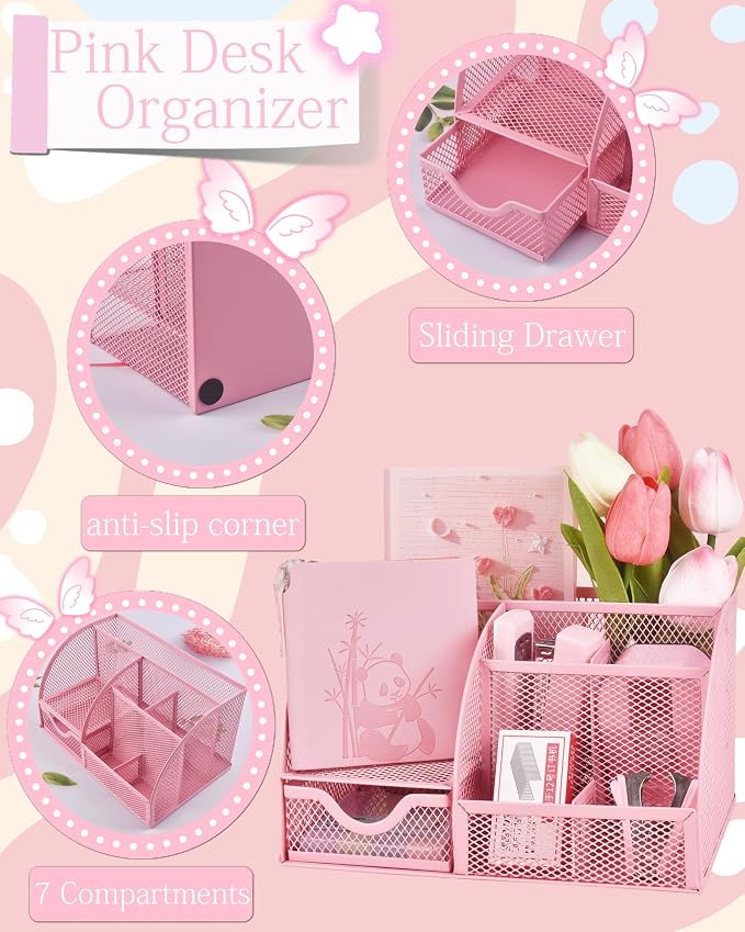 23pc Pink Desk Accessories and Organizers with Mesh Organizer Stapler Tape Dispenser Calculator and a Lot of Office Pink Office Supplies Beautifully Presented in a Gift Box
