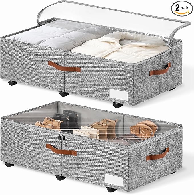 60L Large Under Bed Storage with Wheels Pack of 2, Underbed Shoe Container Bin with Clear Lid Cover, 10.5 Inches Rolling Under Bed Drawer Storage Bag Basket for Boots Quilt Sweater - Grey