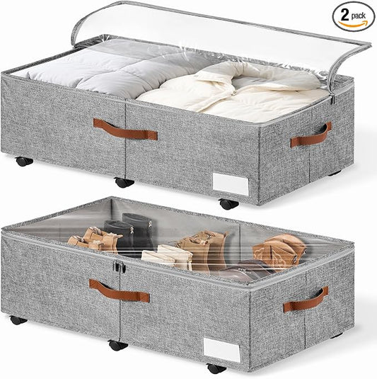 60L Large Under Bed Storage with Wheels Pack of 2, Underbed Shoe Container Bin with Clear Lid Cover, 10.5 Inches Rolling Under Bed Drawer Storage Bag Basket for Boots Quilt Sweater - Grey