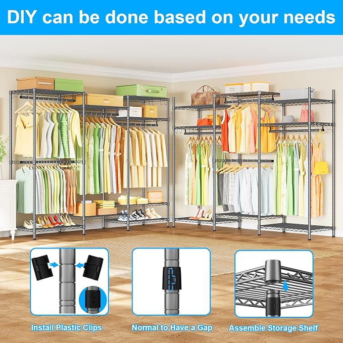 E13 Heavy Duty Clothes Rack（With 4 Hanger Rods & 8 Shelves） Freestanding Clothing Racks for Hanging Clothes，Adjustable Closet Organizer，Metal Garment Rack 63" W x16 D x77 H，Max Load 900LBS，Grey
