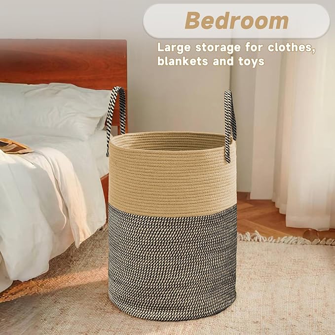 JMvicyroam 80L Cotton Rope Laundry Basket Hamper, Brown and Black | Collapsible laundry basket, reinforced handles, freestanding, machine washable, holds 3-5 thick blankets, clothes or toys
