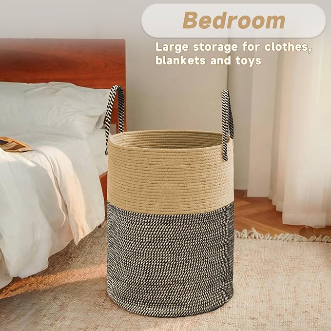 JMvicyroam 100L Cotton Rope Laundry Basket Hamper, Brown and Black | Collapsible laundry basket, reinforced handles, freestanding, machine washable, holds 3-5 thick blankets, clothes or toys