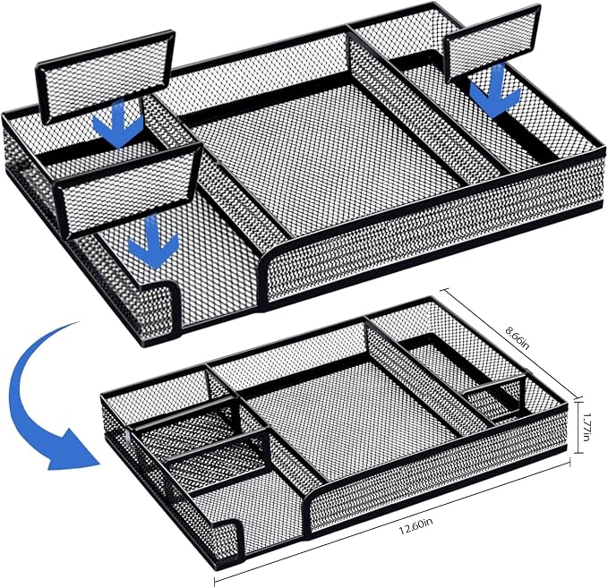 Black Desk Organizer Set, Office Supplies with Stapler and Tape Dispenser | Includes Desk Drawer Organizer,Tape, Staples, Staple Remover, Paper Clips, Scissors and Sticky Notes for a Neat Workspace