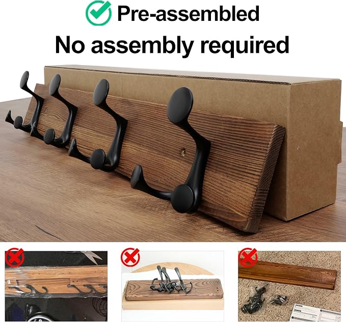WEBI Coat Rack Wall Mount,24" Solid Wood Coat Hooks Wall Mounted Coat Hanger,16" Hole to Hole,Heavy Duty Hook Rack,4 Triple Hooks for Hanging Coats,Jacket,Hat,Backpack,Farmhouse,Brown