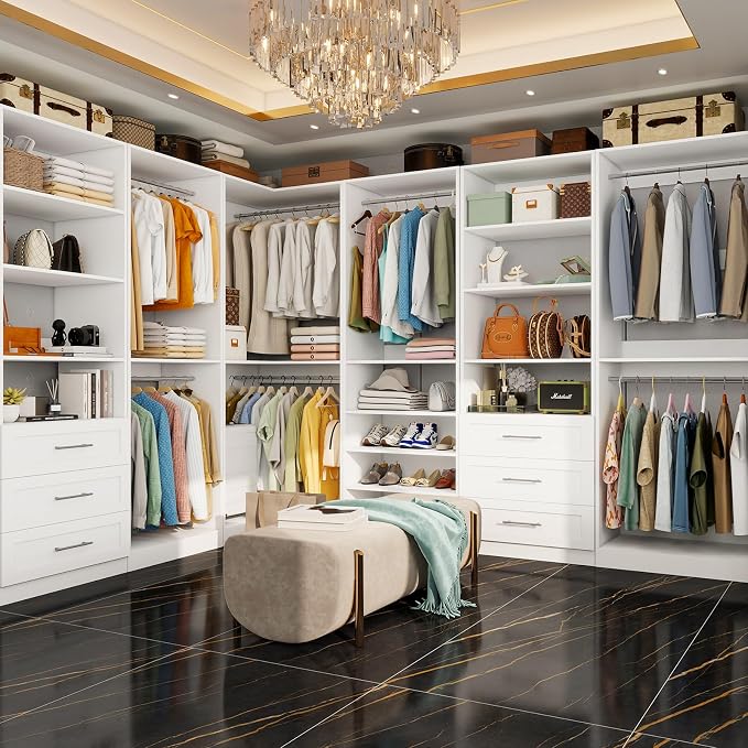 Closet Organizer System of 4 Sets with 3 Drawers, 9 Hanging Rods & 8 Shelves, 157" Walk in Closet System, Corner Closet Organizer, Modular Standalone Closet, White