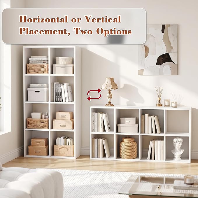 8 Cube Storage Organizer, White Cube Bookshelf, Multifunctional Bookcase | Open Storage Display Bookshelf, Modern Wood Open Bookcase, Display Shelf for Living Room Bedroom Home Office Entrance Hall