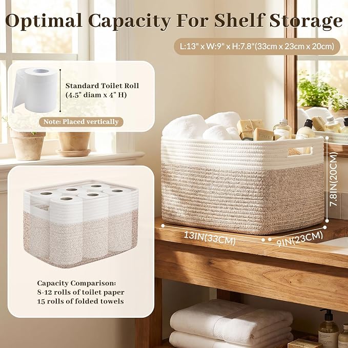 OIAHOMY 4 Pack Storage Basket, 13"x9"x7.8" Cotton Rope Baskets for Shelves, Closet Organizer for Bedroom & Living Room, Soft Decorative Bins for Organizing Towels, Books & Toys, Brown & White