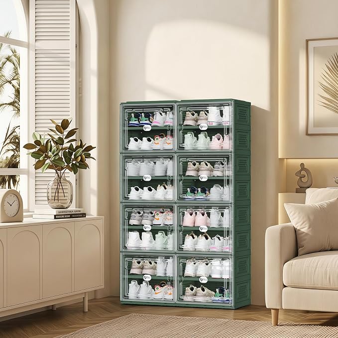 Foldable Shoe Cabinet with Magnetic Clear Doors, Wide Design Shoe Rack for Entryway, Portable Shoe Organizer Meeting Diverse Storage Needs (Green, 2Row 8Tier)