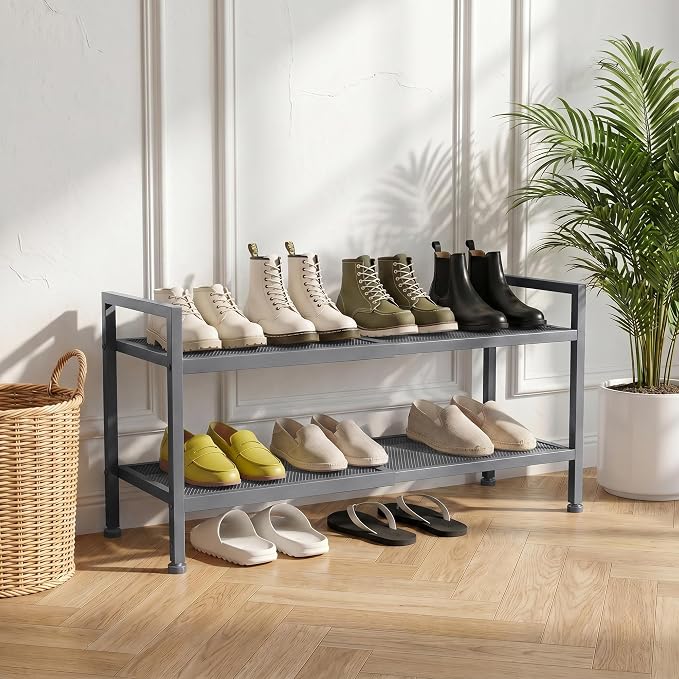 Shoe Rack, Expandable Shoe Rack for Closet, Adjustable Shoe Organizer for Entryway, Shoe Storage Organizer for Door Entrance, Garage, Bedroom (Grey, 2-Tier)