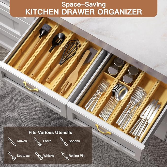 DUJEN 4 Packs Bamboo Drawer Organizer, Adjustable 3 Individual Junk Drawer organizer for Bathroom and Kitchen, Wood Drawer Organier Boxes for Jewellery, Make up and Tea Bag